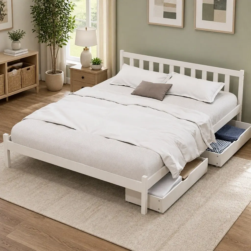 Wooden Queen Size Bed Frame with 2 Drawers in White