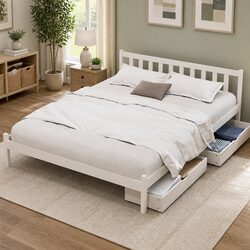Wooden Queen Size Bed Frame with 2 Drawers in White
