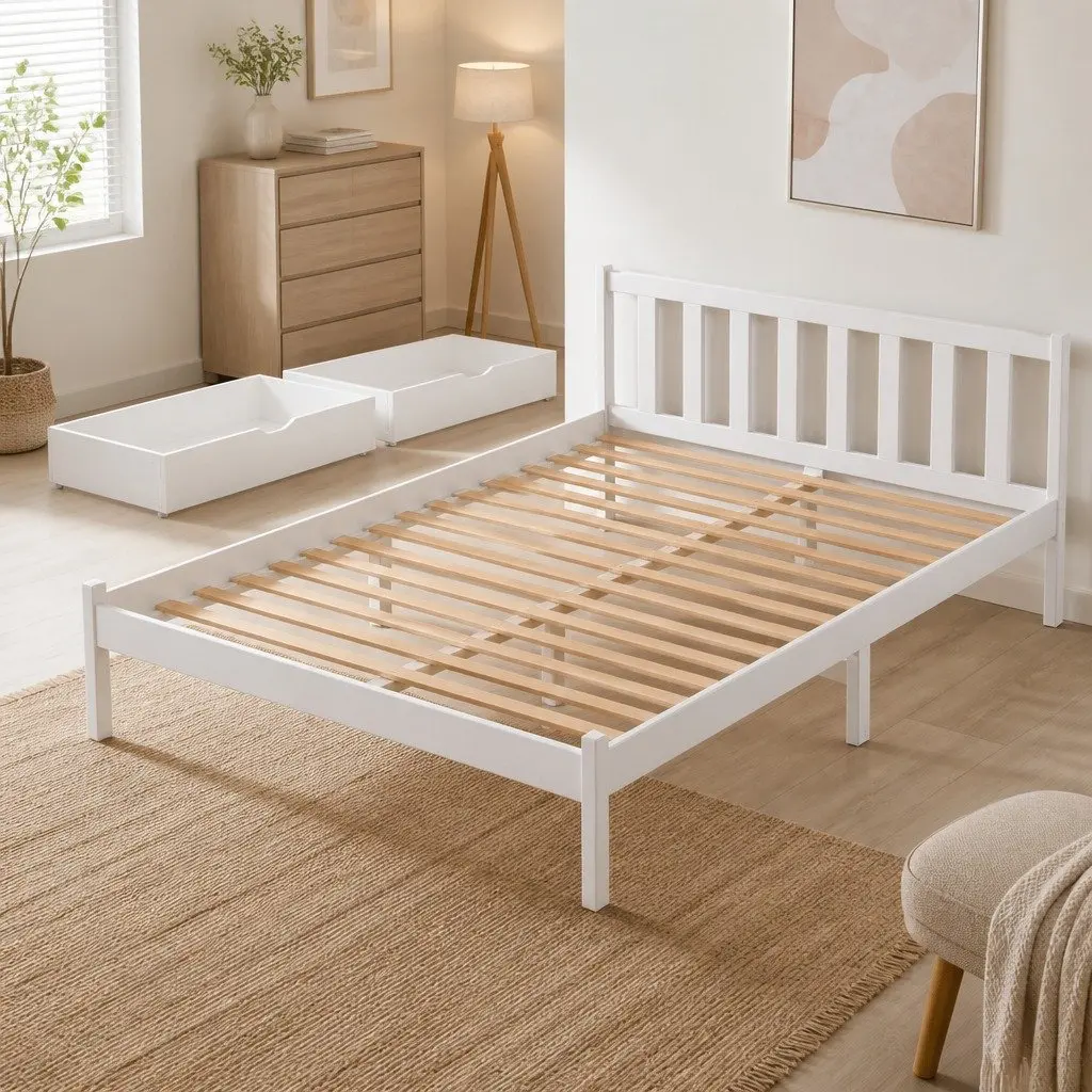 Wooden Queen Size Bed Frame with 2 Drawers in White