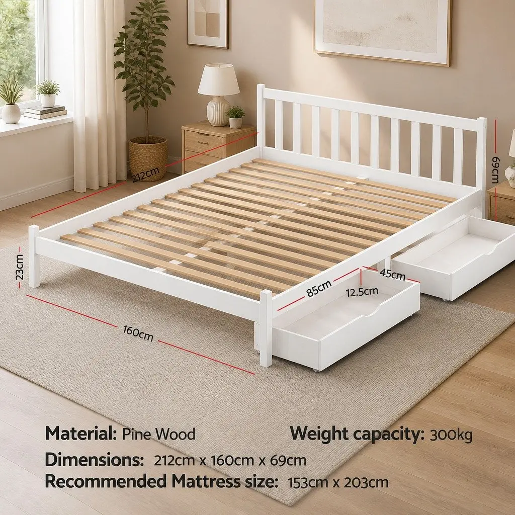 Wooden Queen Size Bed Frame with 2 Drawers in White