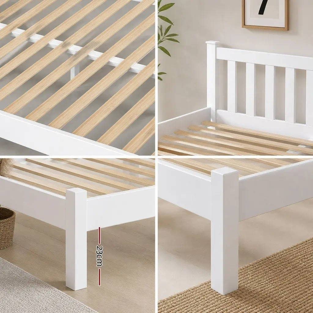 Wooden Queen Size Bed Frame with 2 Drawers in White