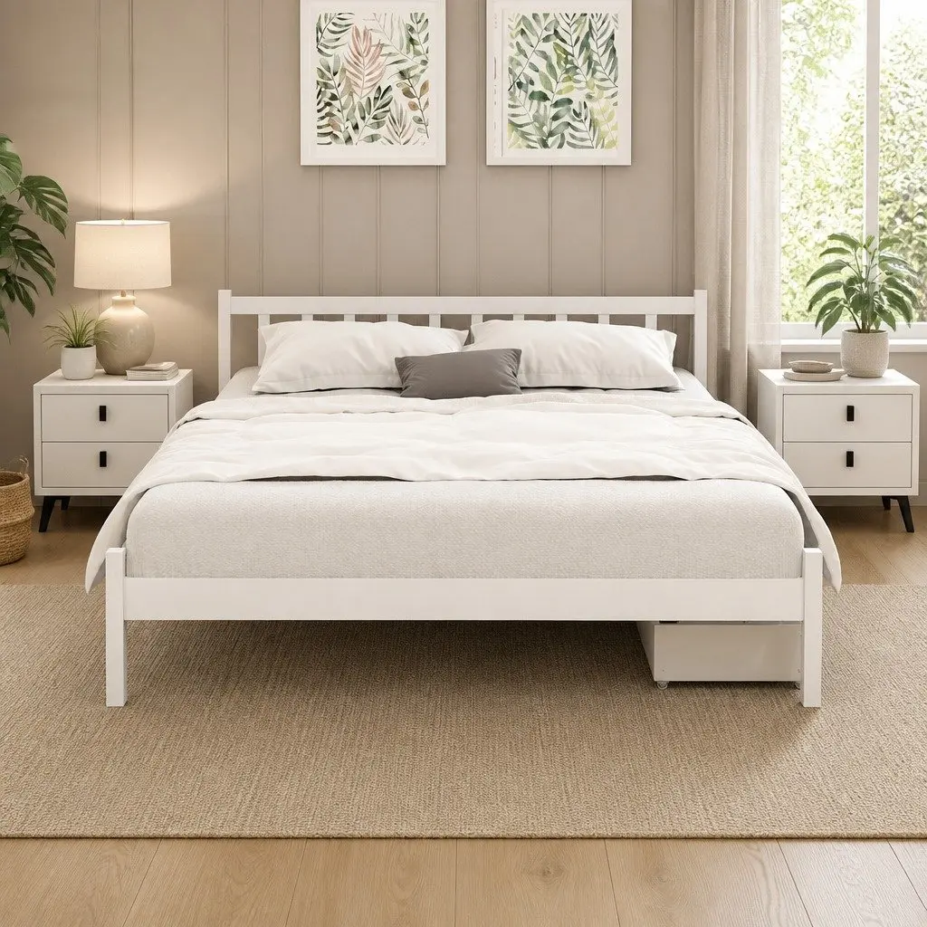 Wooden Queen Size Bed Frame with 2 Drawers in White