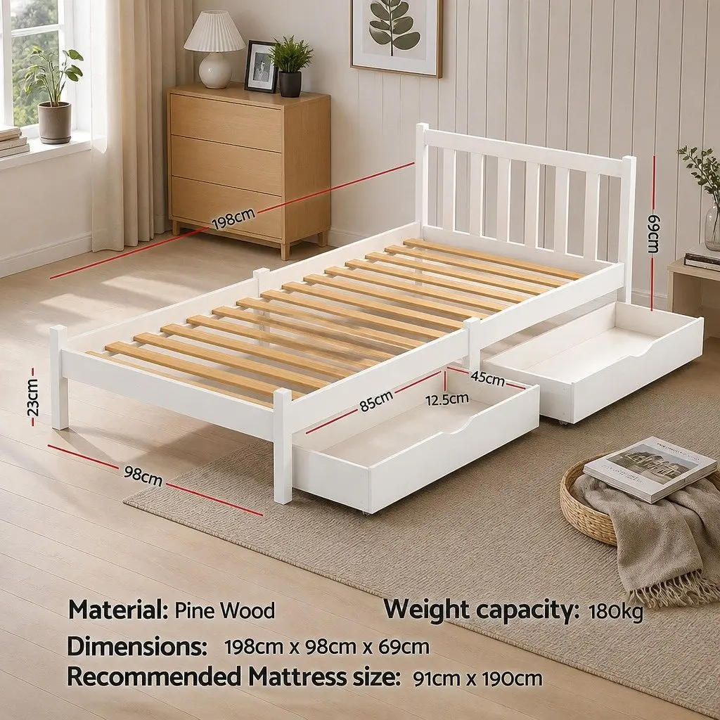 Wooden Single Bed Frame with Storage Drawers