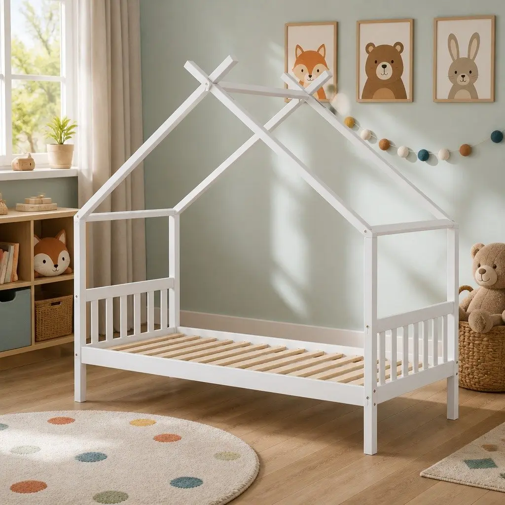 Kids Single House Bed Frame Wooden Base Timber Playhouse White Bedroom Furniture