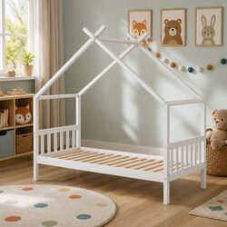 Charming Kids House Bed Frame with Wooden Base