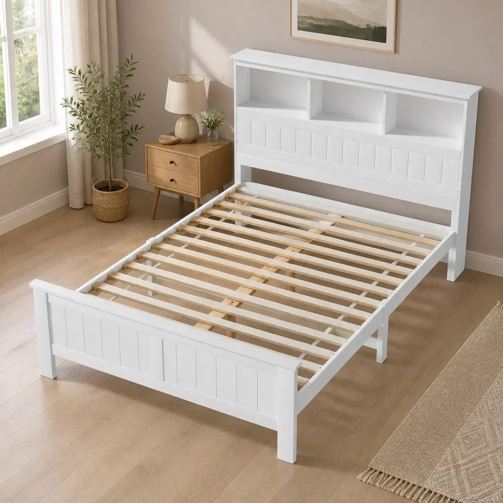 Wooden Double Bed Frame with Storage Headboard