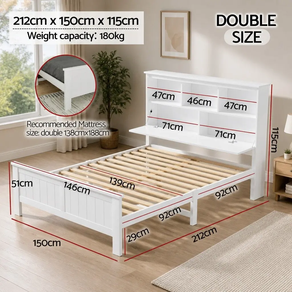 Wooden Double Bed Frame with Storage Headboard