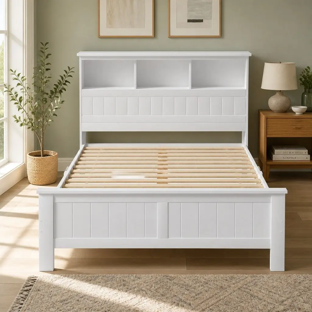 Wooden Double Bed Frame with Storage Headboard
