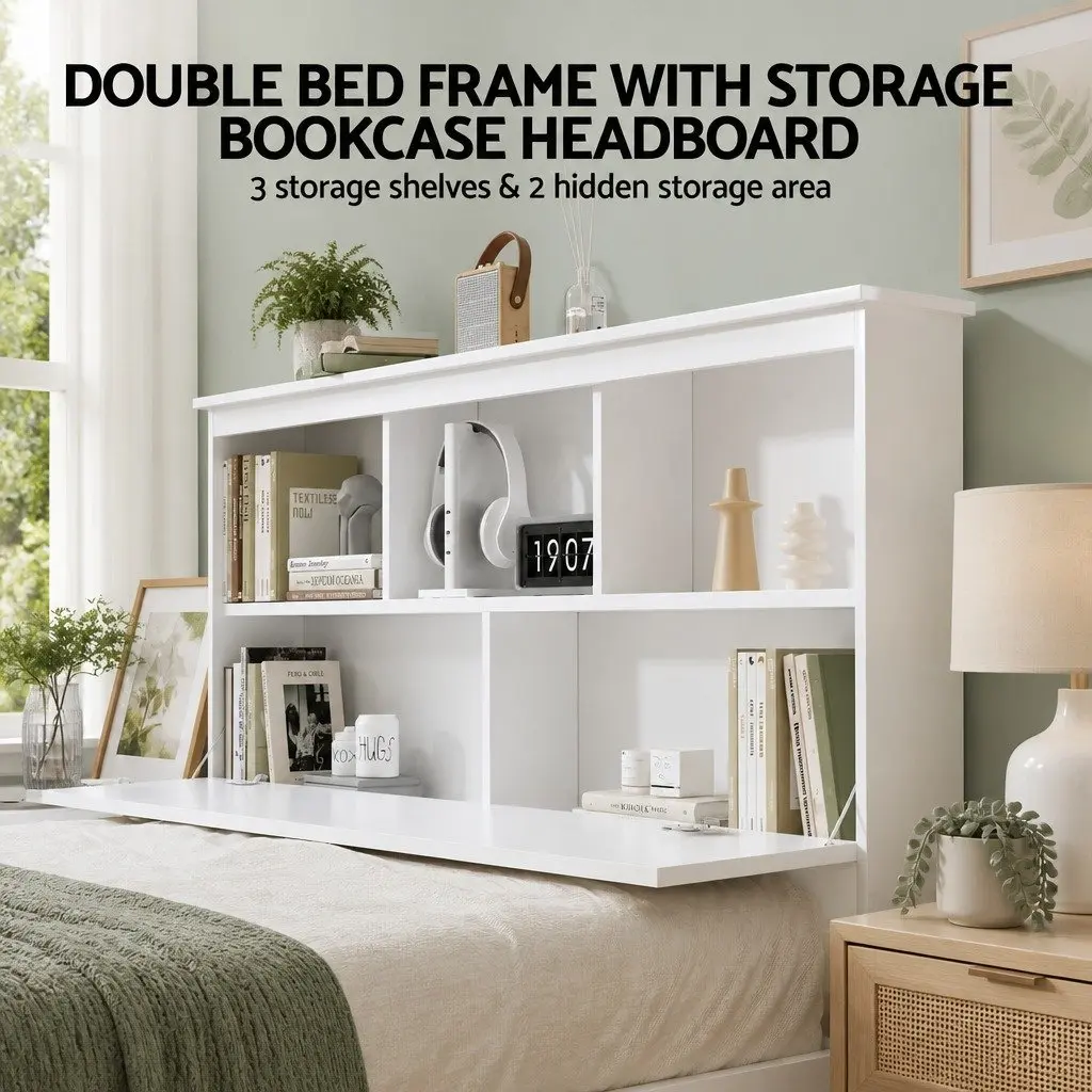 Wooden Double Bed Frame with Storage Headboard