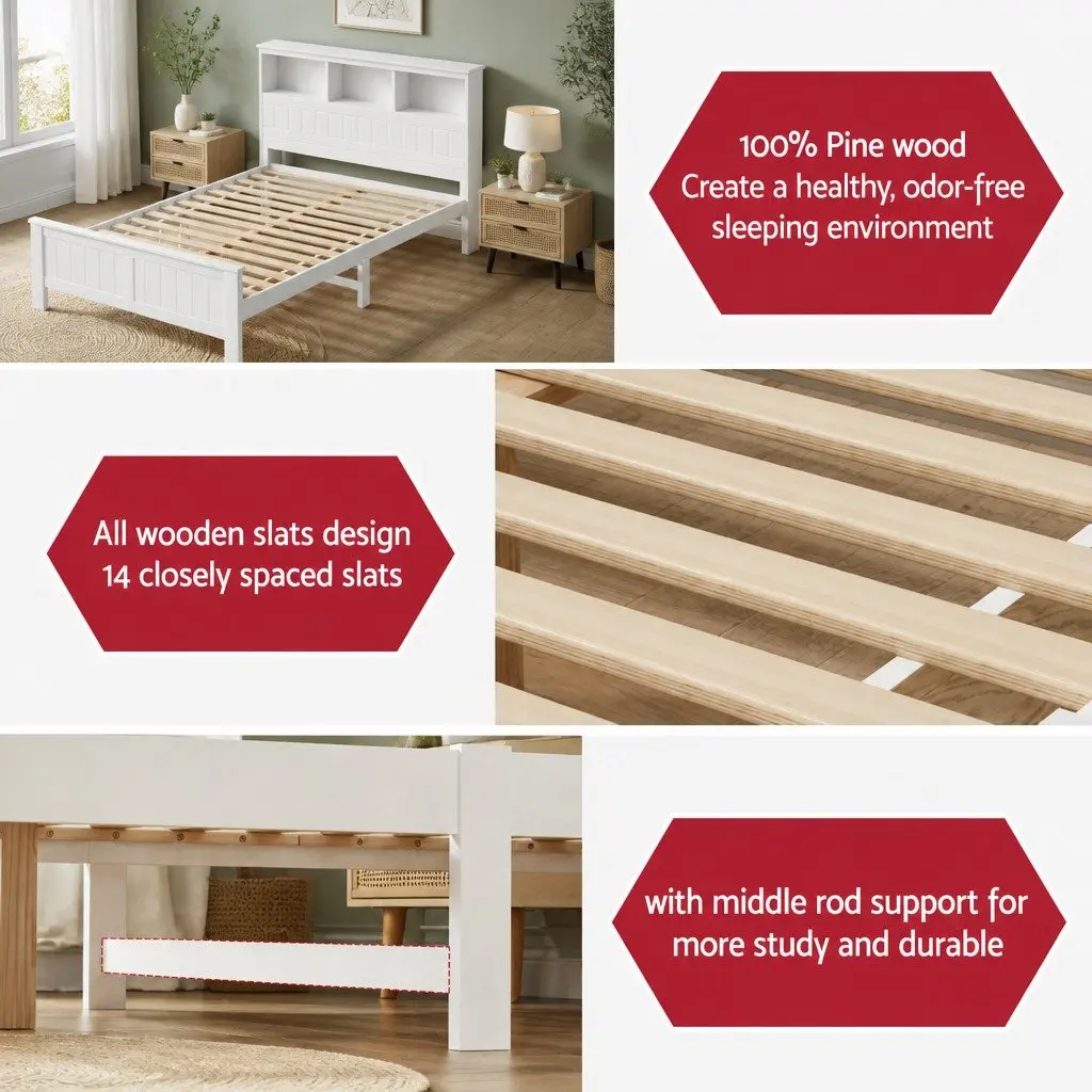 Wooden Double Bed Frame with Storage Headboard