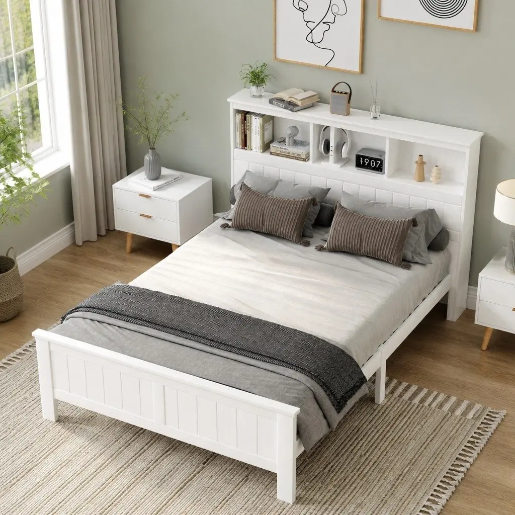Wooden Double Bed Frame with Storage Headboard