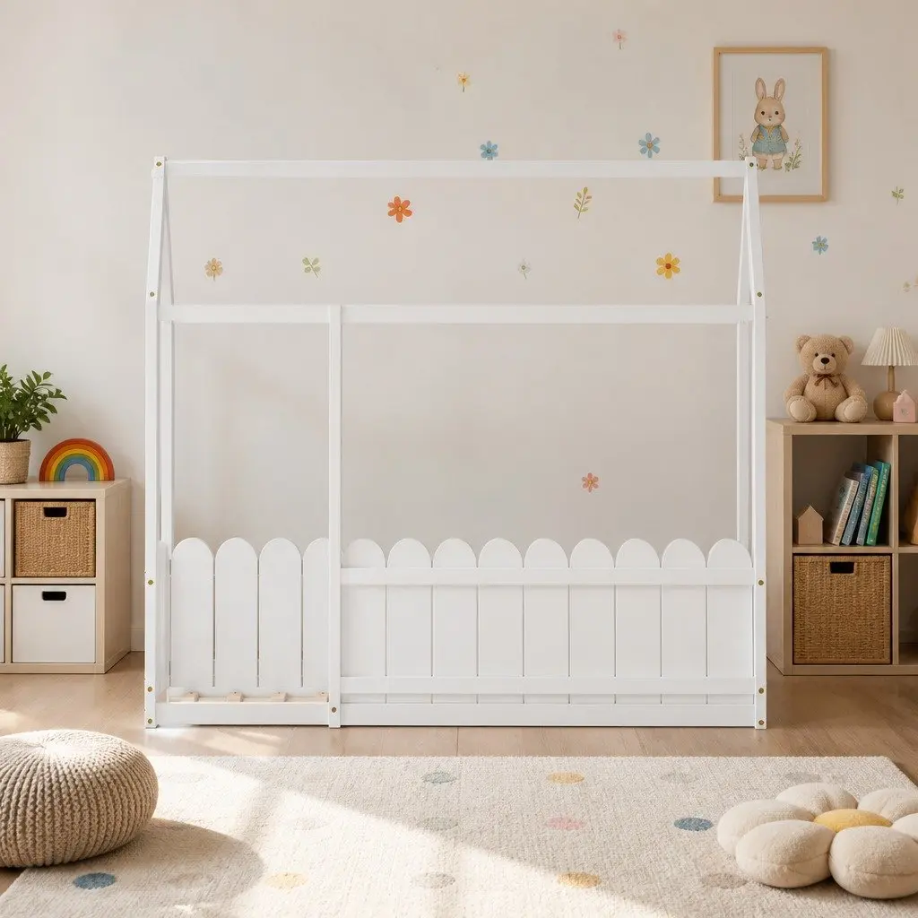 Single White Wooden Kids House Bed Frame for Bedrooms
