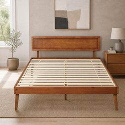 Queen Size Wooden Bed Frame Pinewood Slatted Base Walnut Colour Bedroom