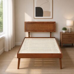 Walnut-Coloured Single Bed Frame with Wooden Slats