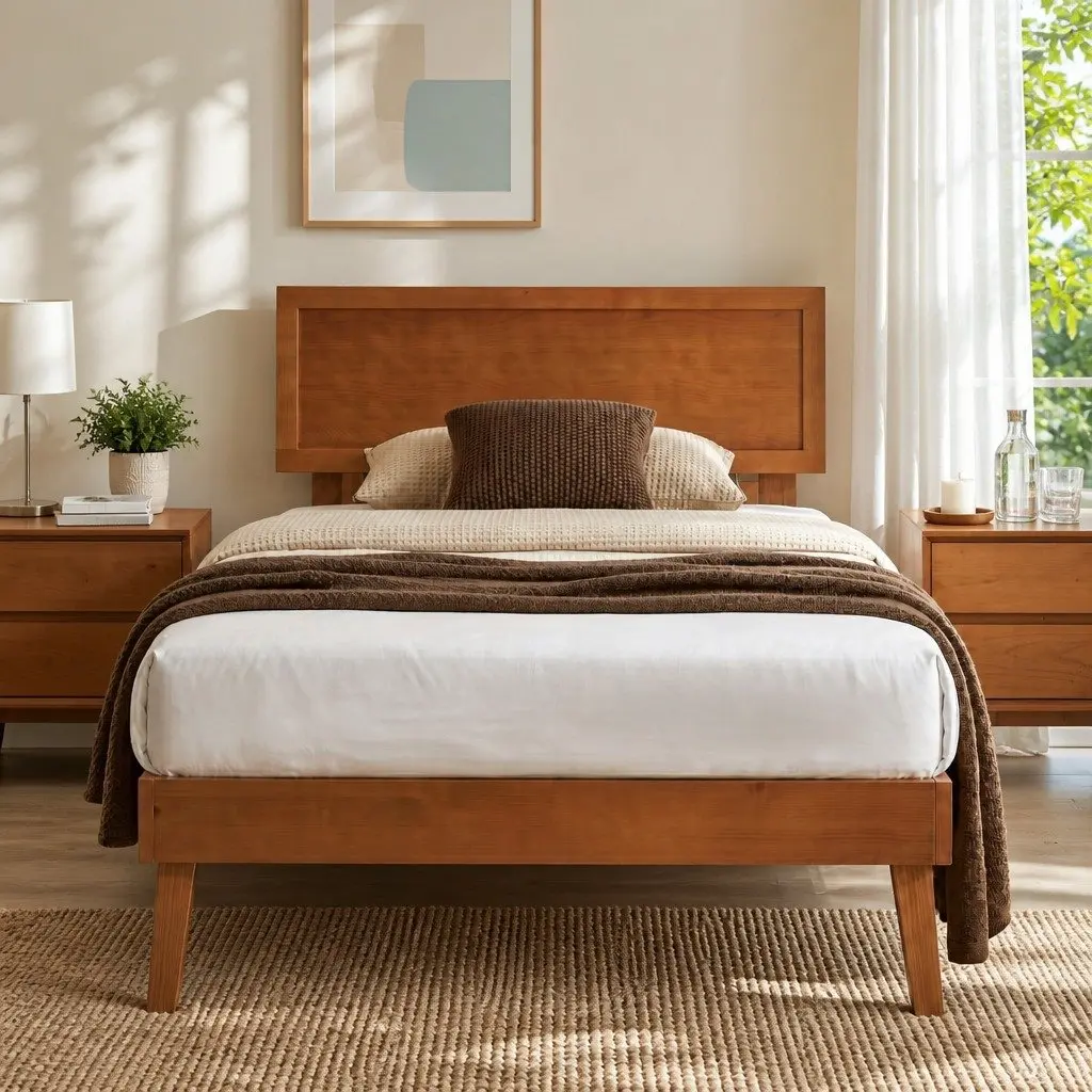 Walnut-Coloured Single Bed Frame with Wooden Slats