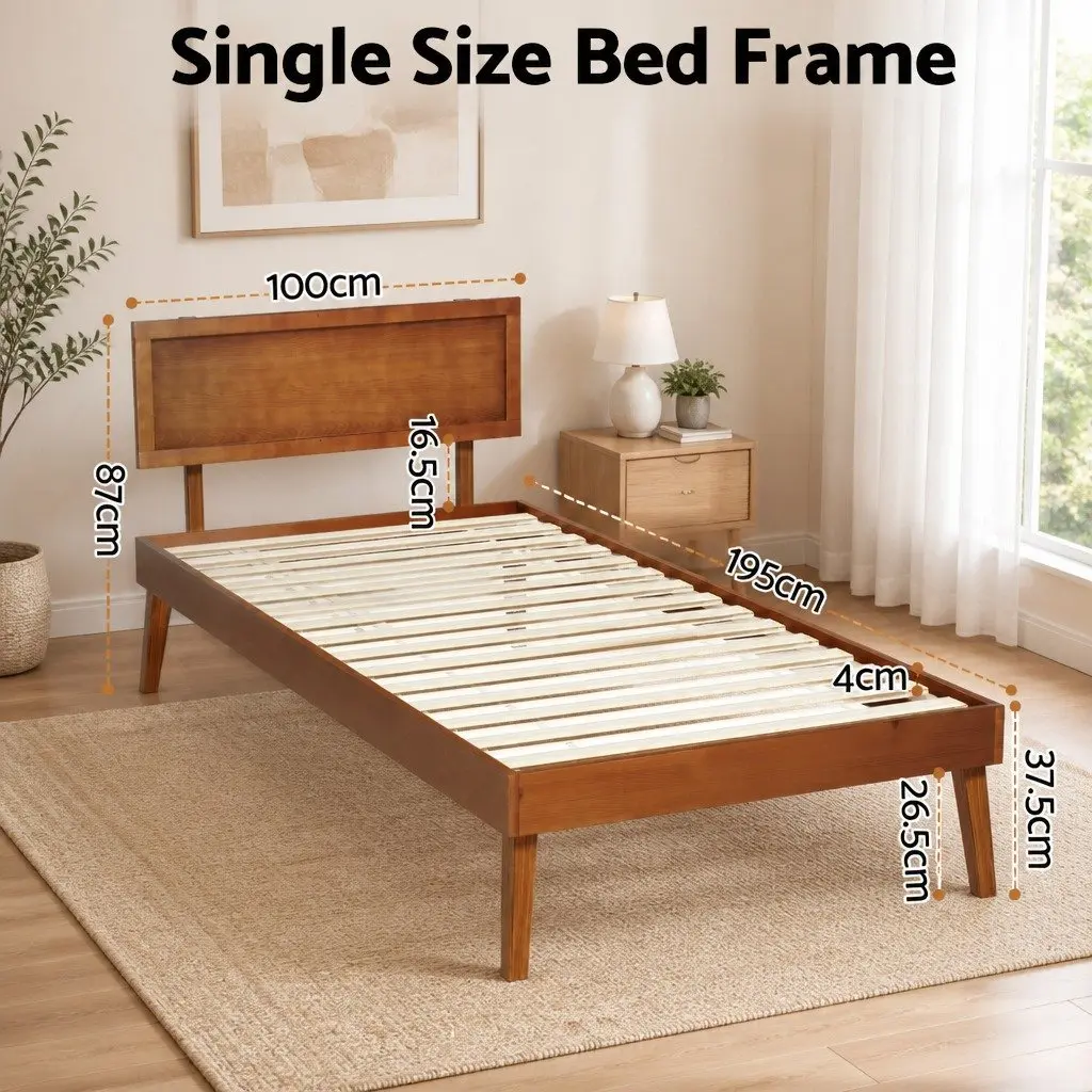 Walnut-Coloured Single Bed Frame with Wooden Slats