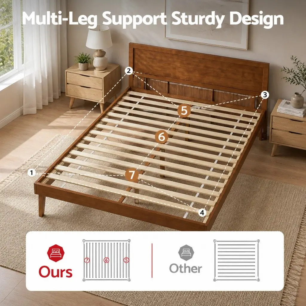 Walnut-Coloured Single Bed Frame with Wooden Slats