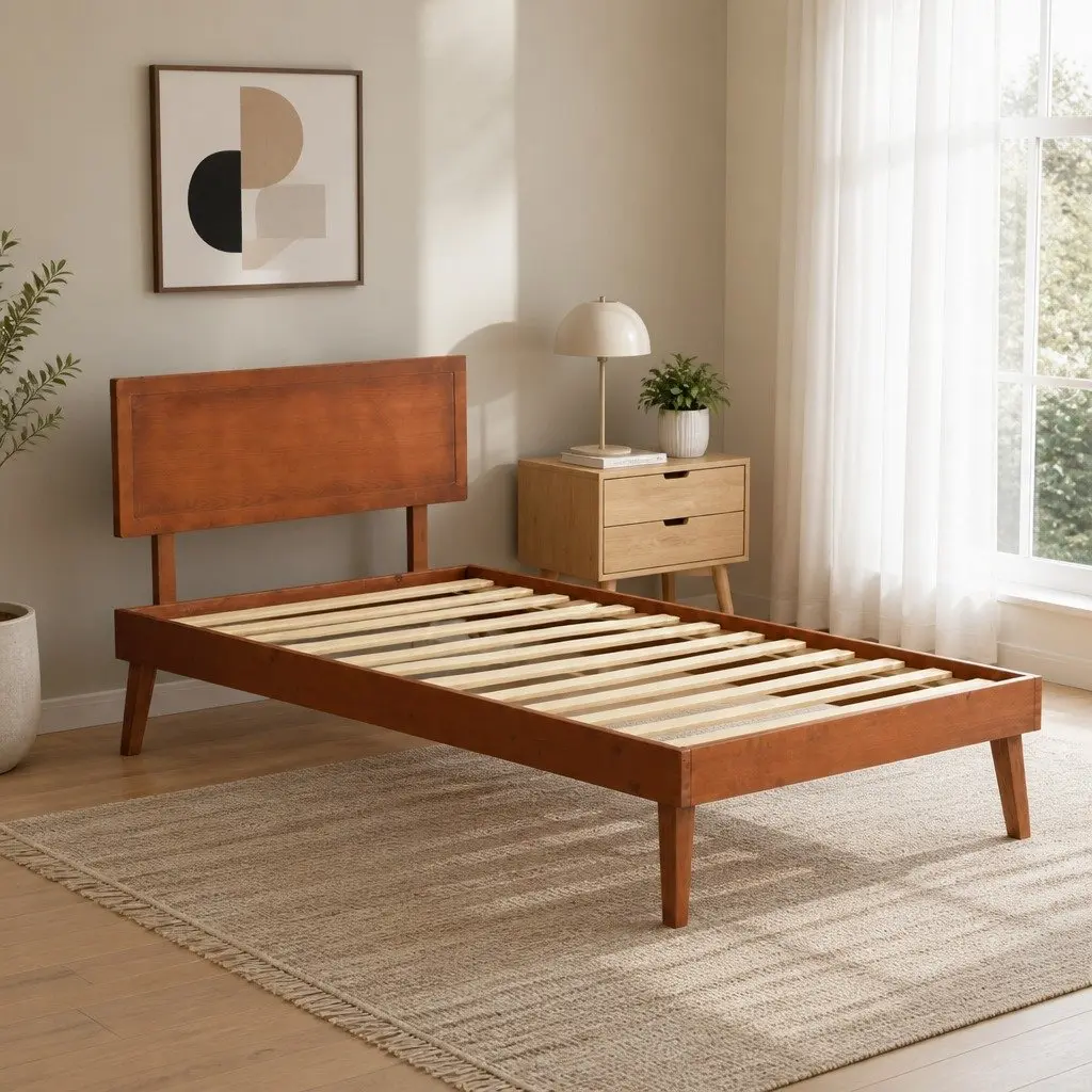 Walnut-Coloured Single Bed Frame with Wooden Slats
