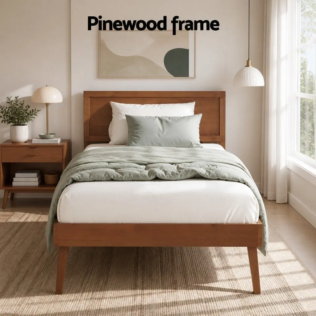 Walnut-Coloured Single Bed Frame with Wooden Slats