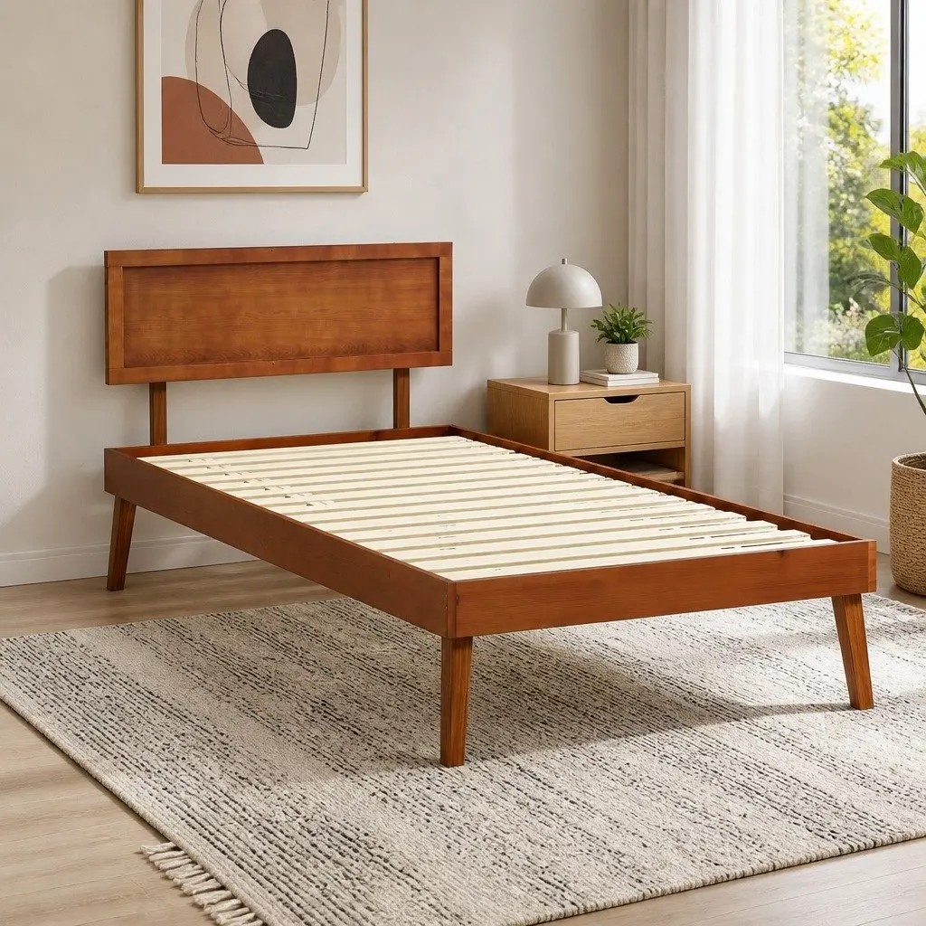 Walnut-Coloured Single Bed Frame with Wooden Slats
