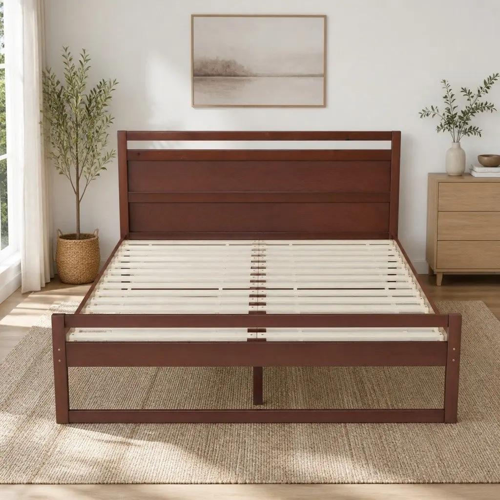 Solid Pinewood Double Bed Frame with Flat Head in Walnut