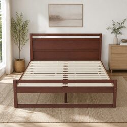 Solid Pinewood Double Bed Frame with Flat Head in Walnut