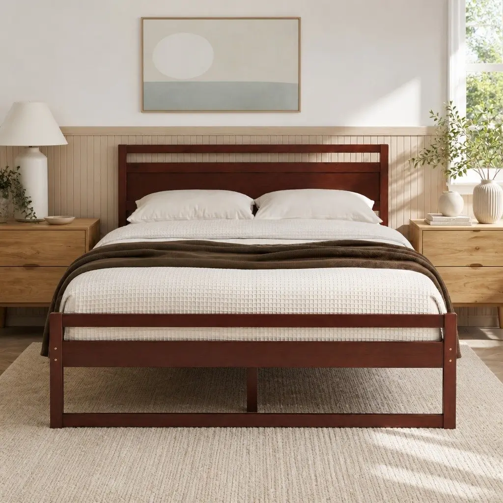 Solid Pinewood Double Bed Frame with Flat Head in Walnut
