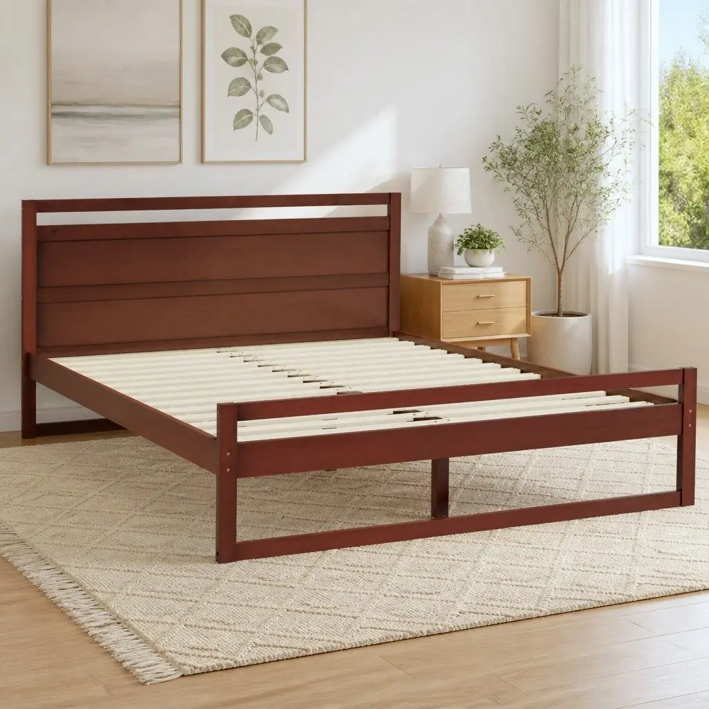 Solid Pinewood Double Bed Frame with Flat Head in Walnut