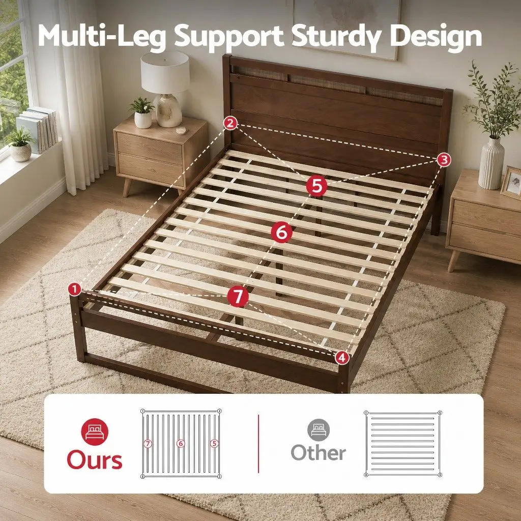 Solid Pinewood Double Bed Frame with Flat Head in Walnut