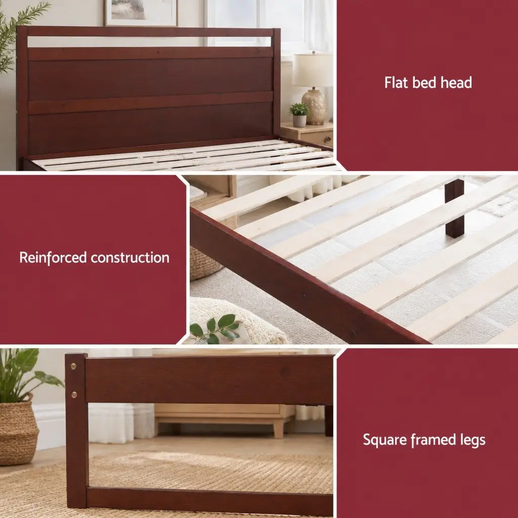 Solid Pinewood Double Bed Frame with Flat Head in Walnut