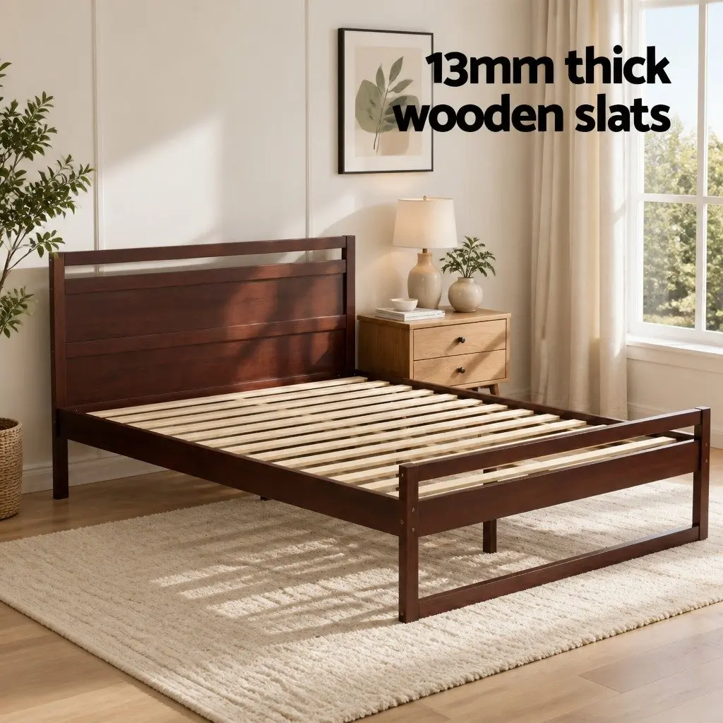 Solid Pinewood Double Bed Frame with Flat Head in Walnut