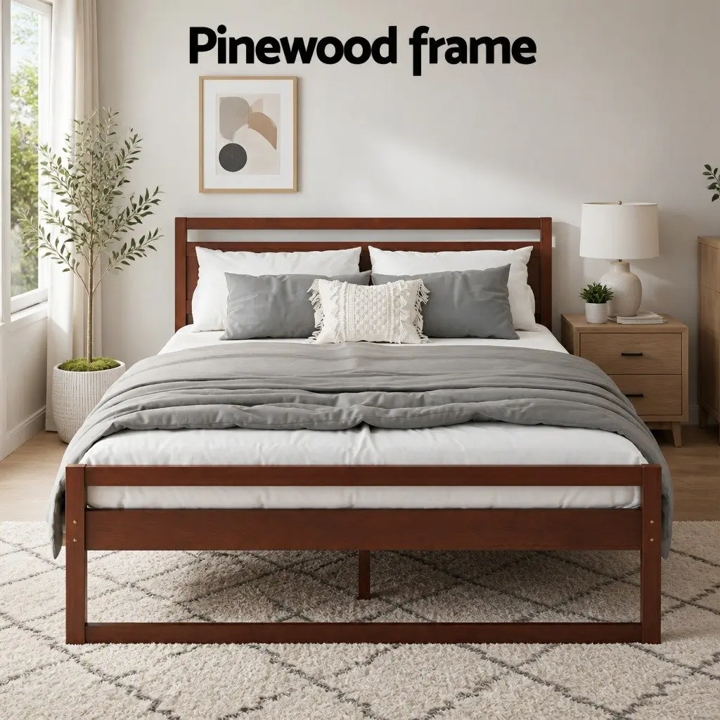 Solid Pinewood Double Bed Frame with Flat Head in Walnut