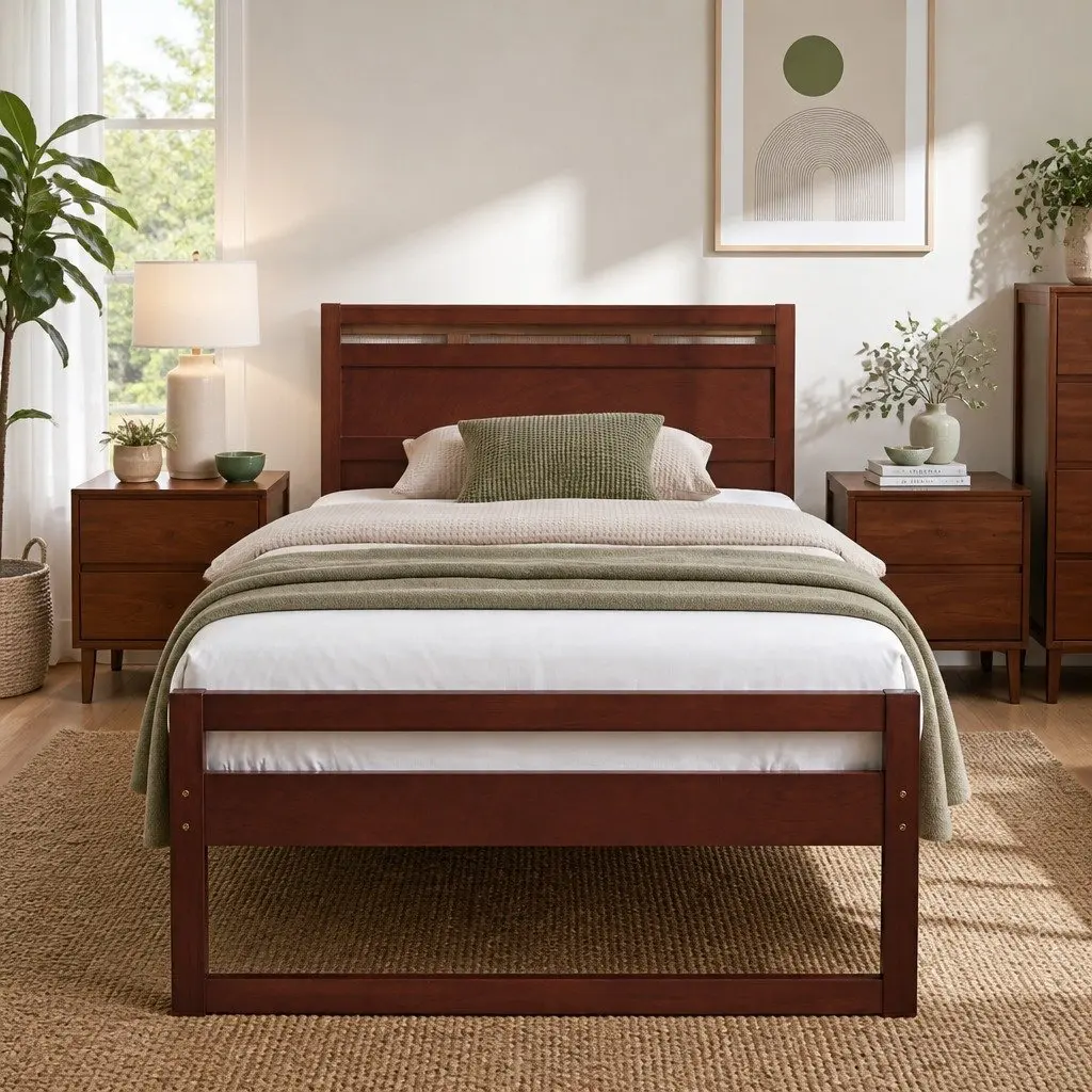 King Single Bed Frame Wooden Walnut Flat Head Rustic Style Pinewood Slatted Base