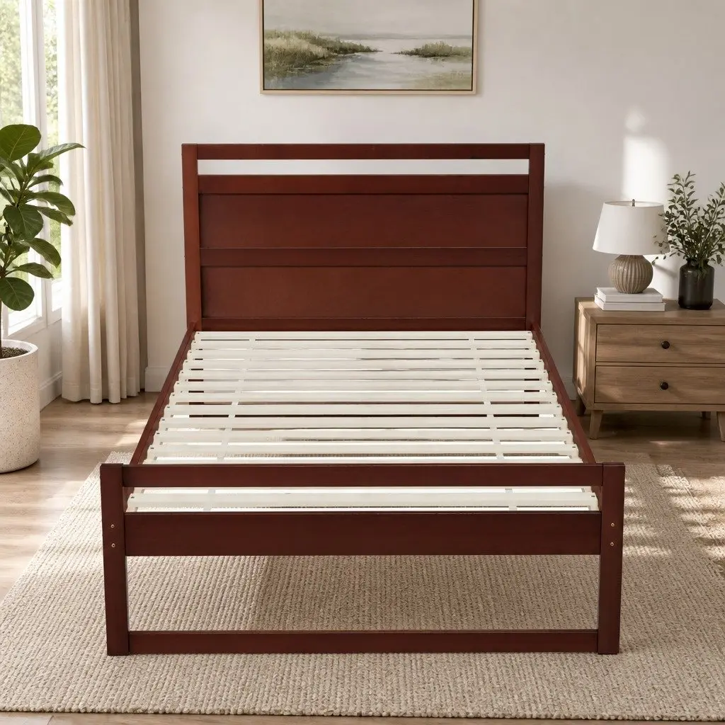King Single Bed Frame Wooden Walnut Flat Head Rustic Style Pinewood Slatted Base