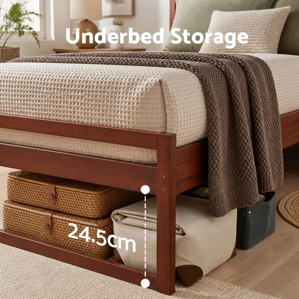 King Single Bed Frame Wooden Walnut Flat Head Rustic Style Pinewood Slatted Base