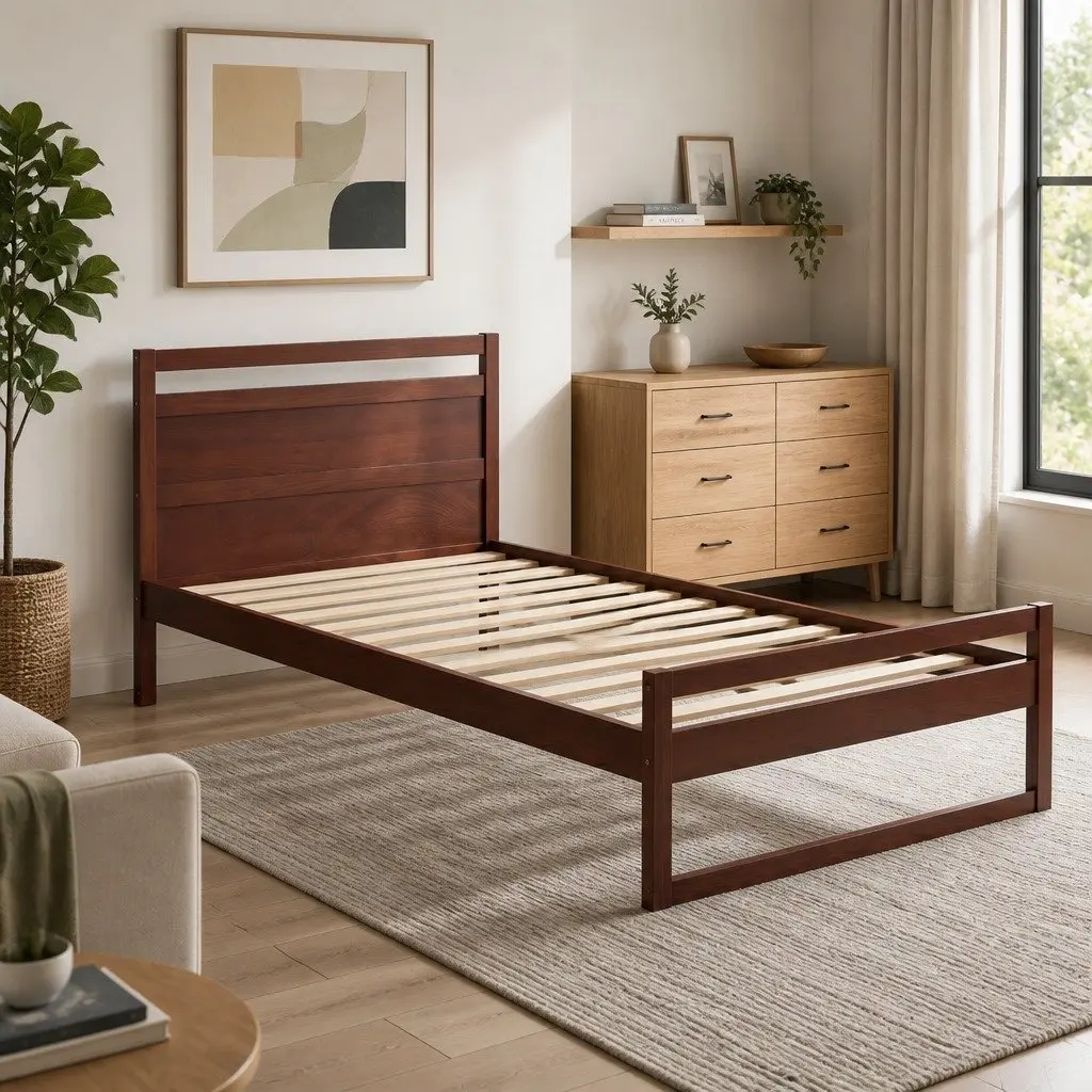 King Single Bed Frame Wooden Walnut Flat Head Rustic Style Pinewood Slatted Base