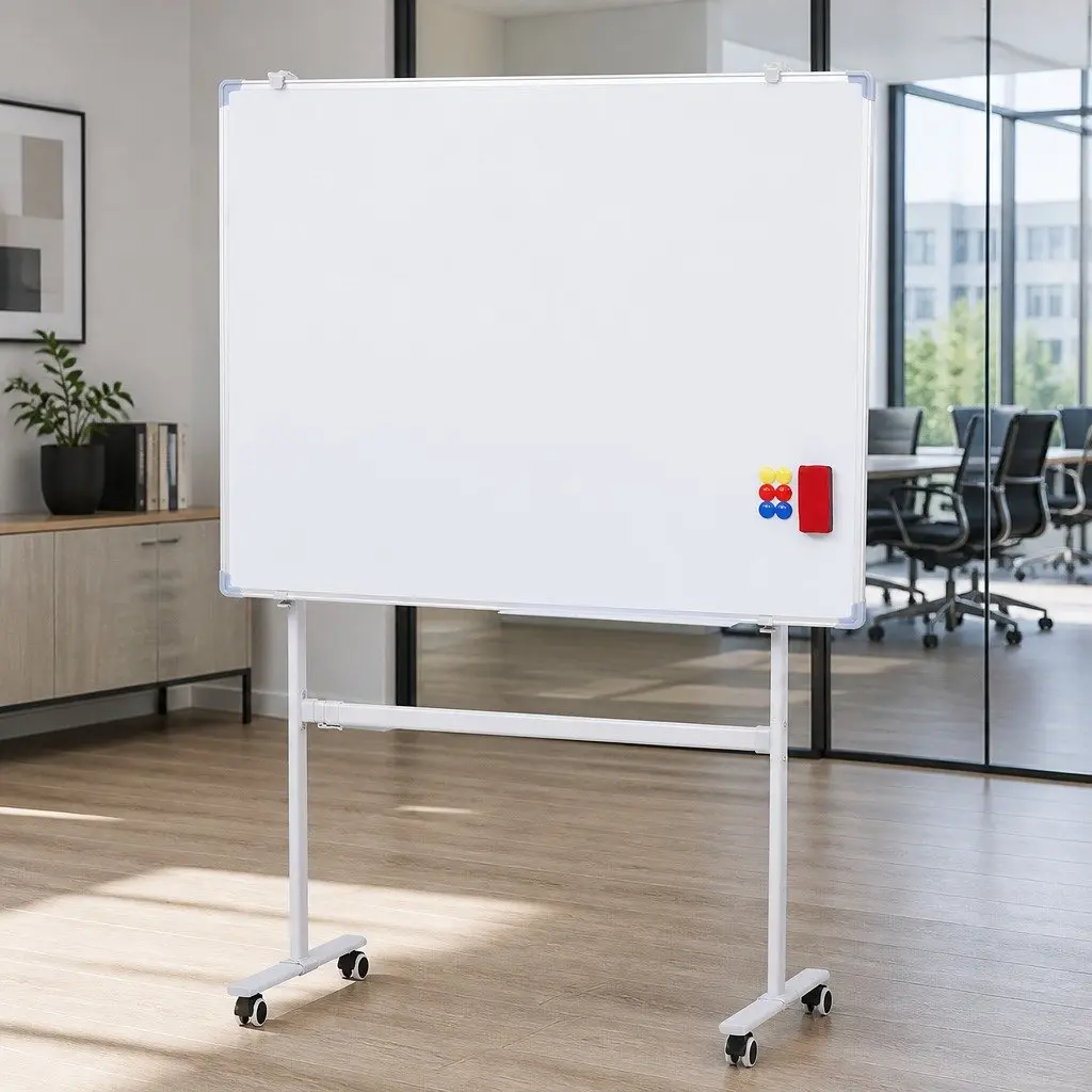 Double-Sided Magnetic Whiteboard 90x120cm with Lockable Wheels