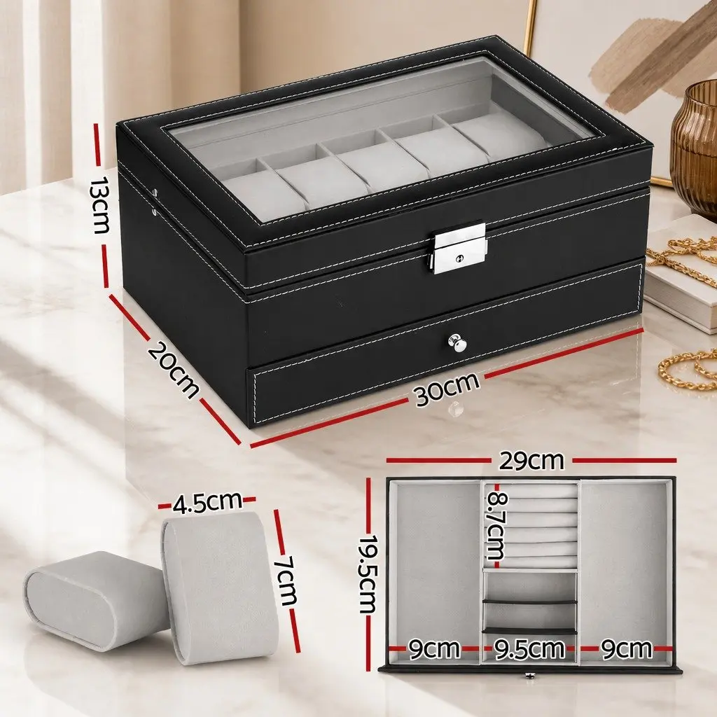12 Grid Watch Box Organizer Jewelry Display Storage Case Black Two-Tier