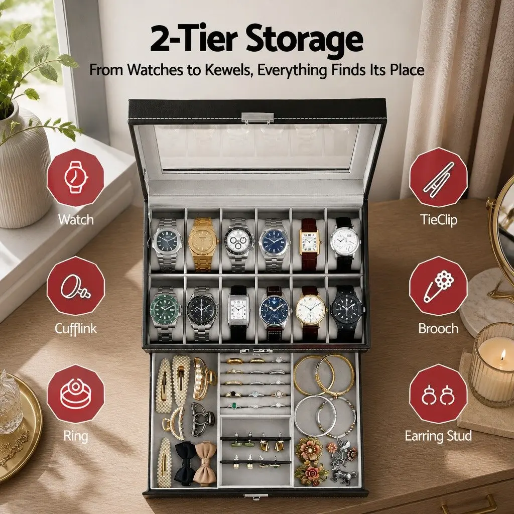12 Grid Watch Box Organizer Jewelry Display Storage Case Black Two-Tier