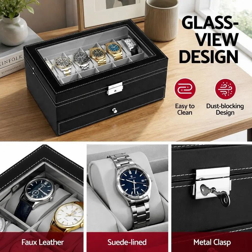 12 Grid Watch Box Organizer Jewelry Display Storage Case Black Two-Tier