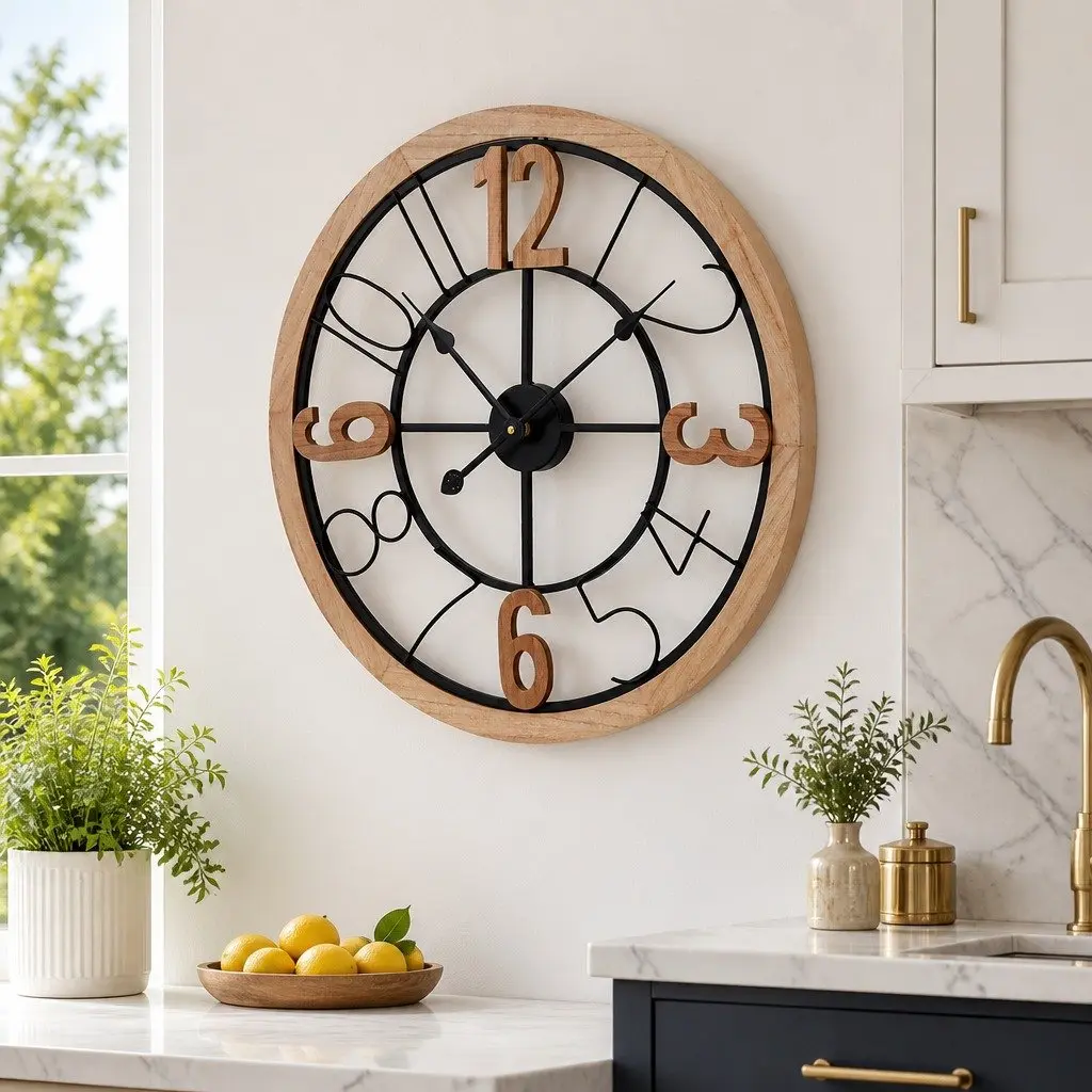 60cm Black and Pine Wall Clock with Metal and MDF Frame Large Arabic Numerals