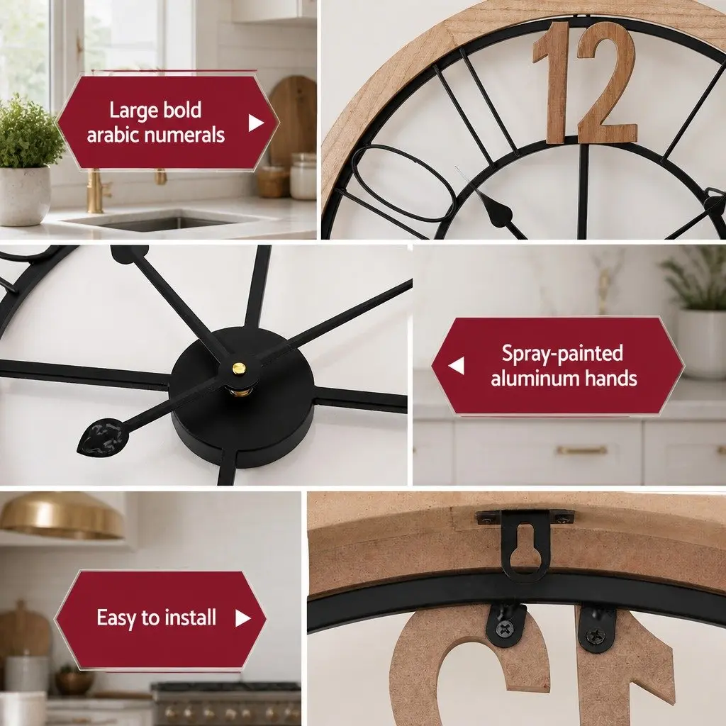 60cm Black and Pine Wall Clock with Metal and MDF Frame Large Arabic Numerals