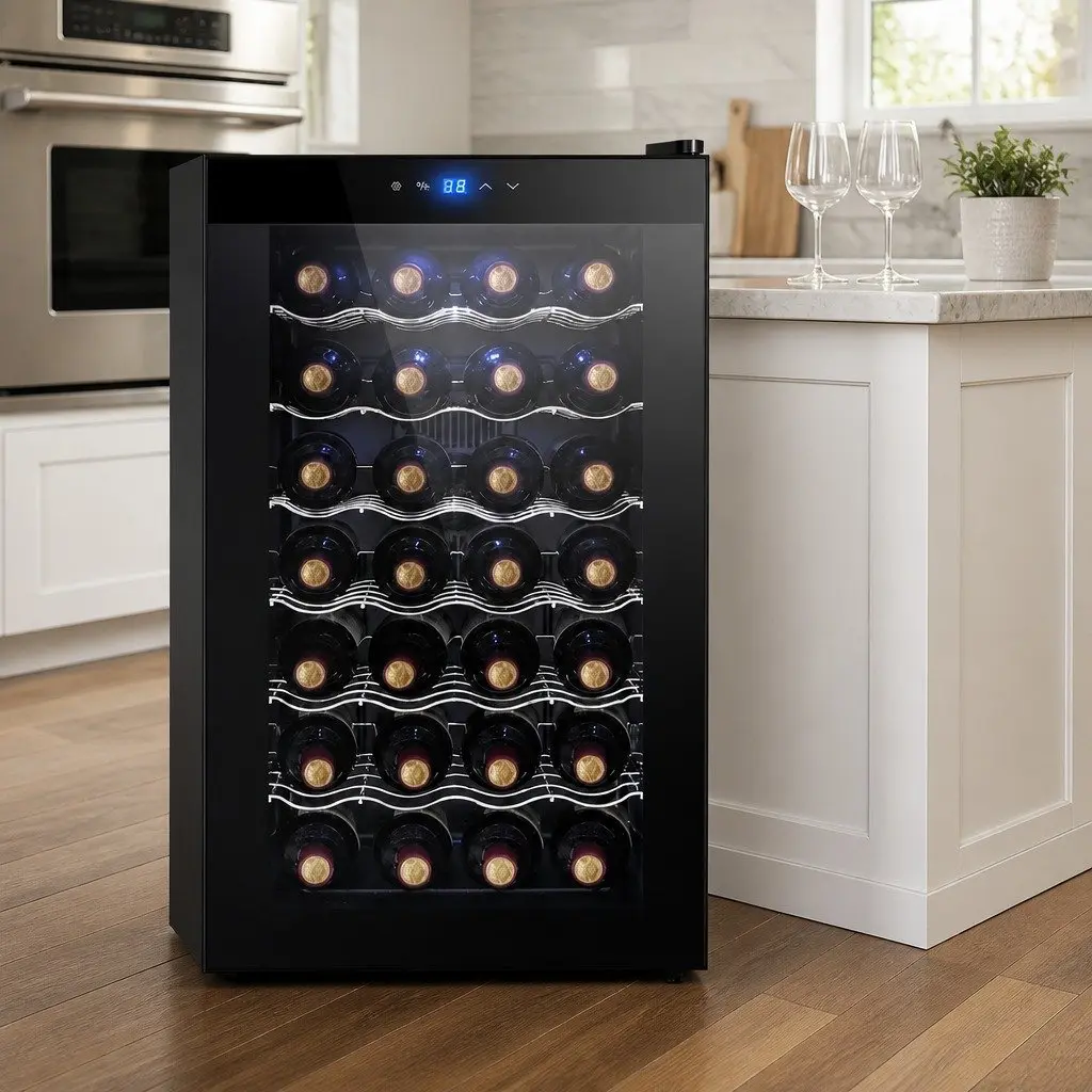 Wine Fridge Thermoelectric Black 28 Bottles Compact Temperature Control