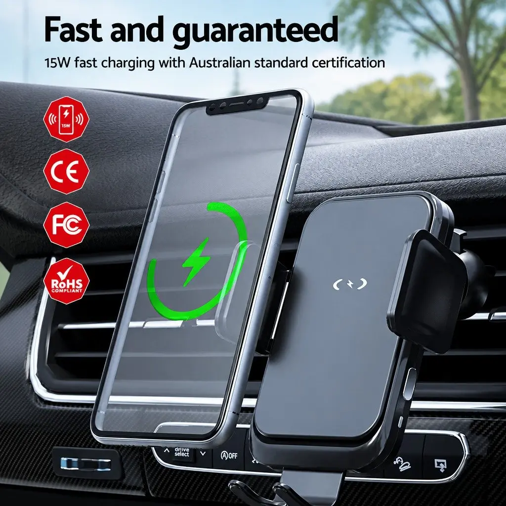 Wireless Car Charger 15W Fast Charging Mount Suction Cup Black