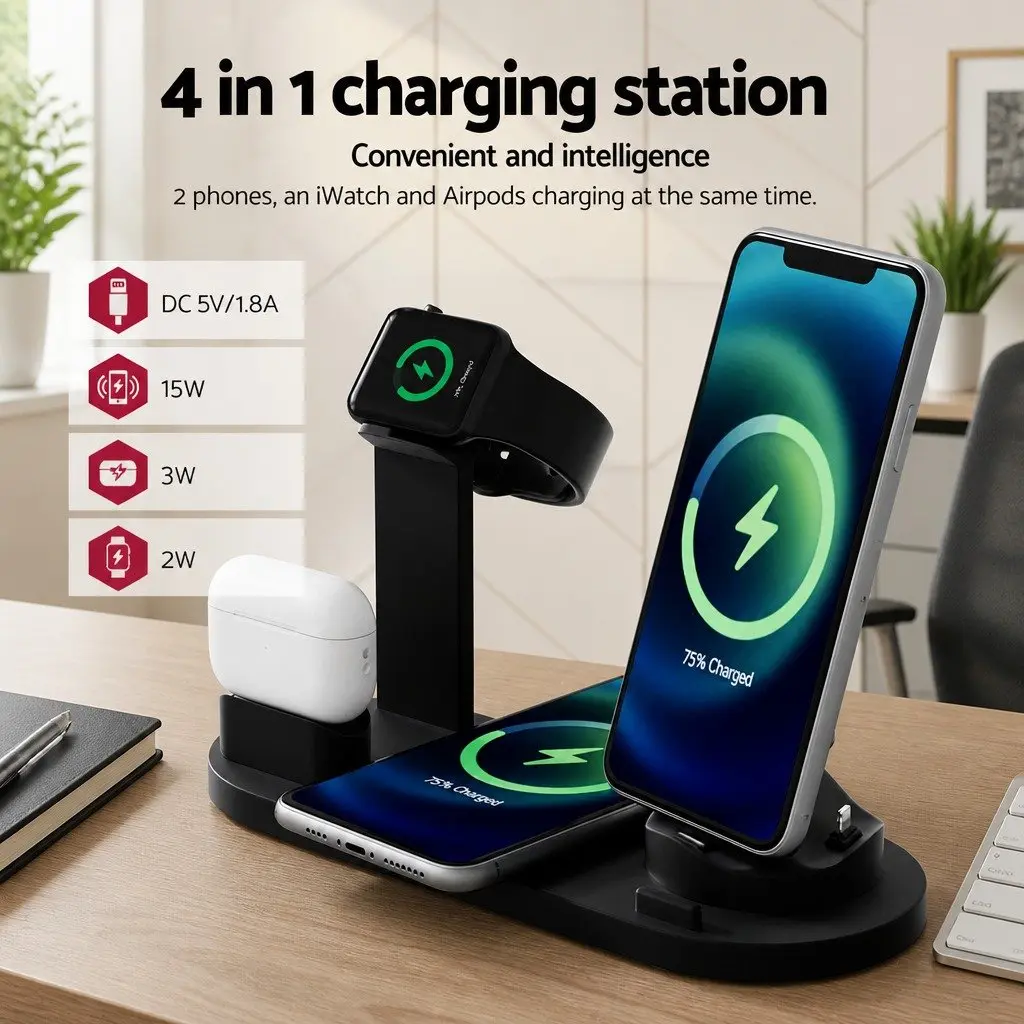 Wireless Charging Station ABS 4 in 1 Dock for Phone iWatch Airpods Black 15W