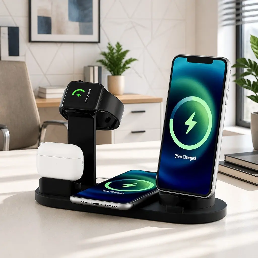 Wireless Charging Station ABS 4 in 1 Dock for Phone iWatch Airpods Black 15W