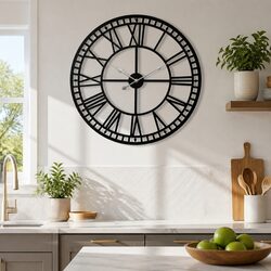 Elegant Large 60cm Black Metal Wall Clock with Roman Numerals