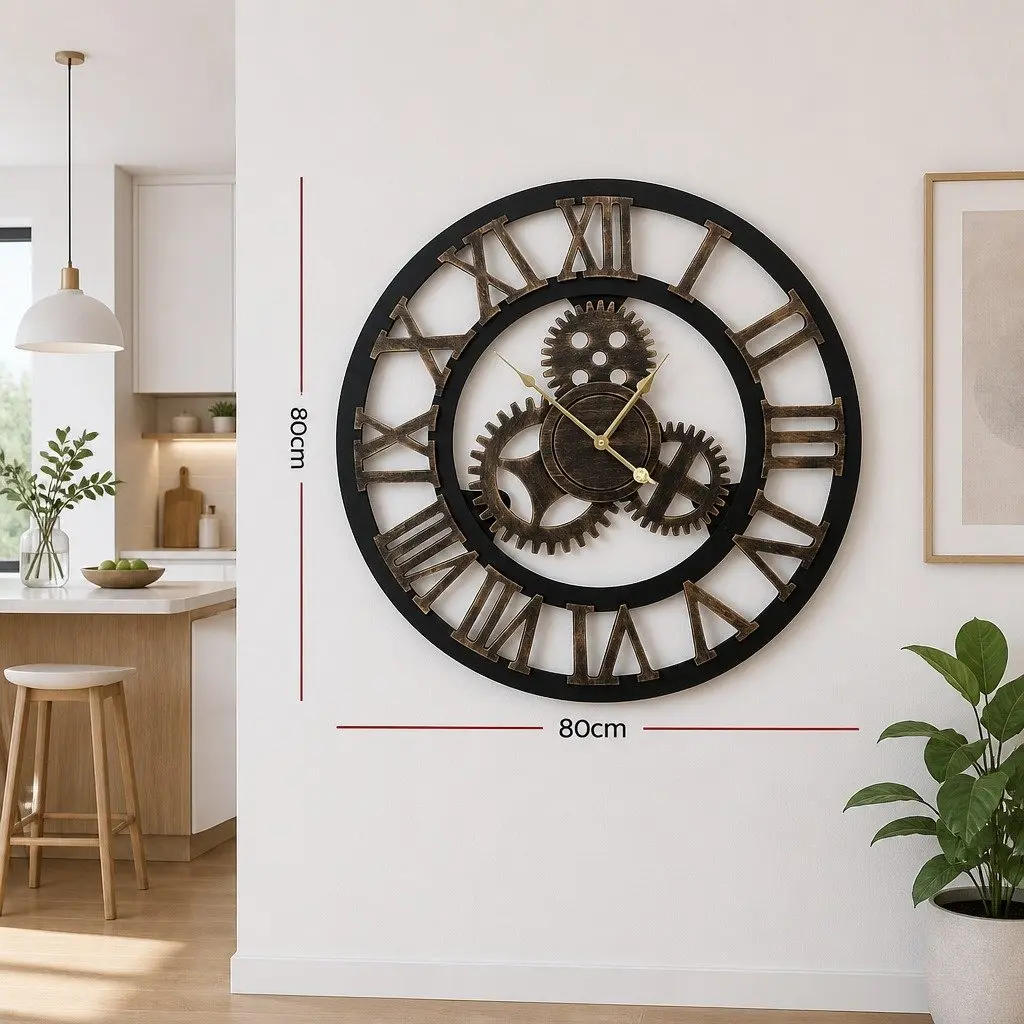 Large 80cm Steampunk Wall Clock with Roman Numerals