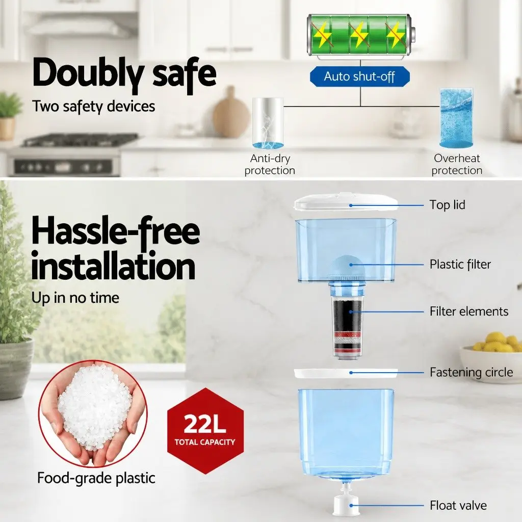 Water Dispenser Countertop 22L Filtered Plastic White Cold Hot Room Temperature