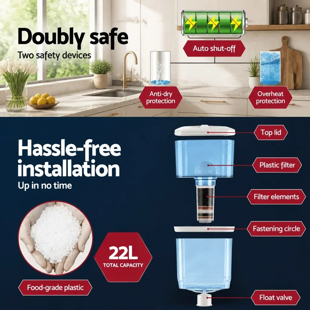 Water Dispenser Plastic 22L Benchtop Hot Cold Room Temperature White